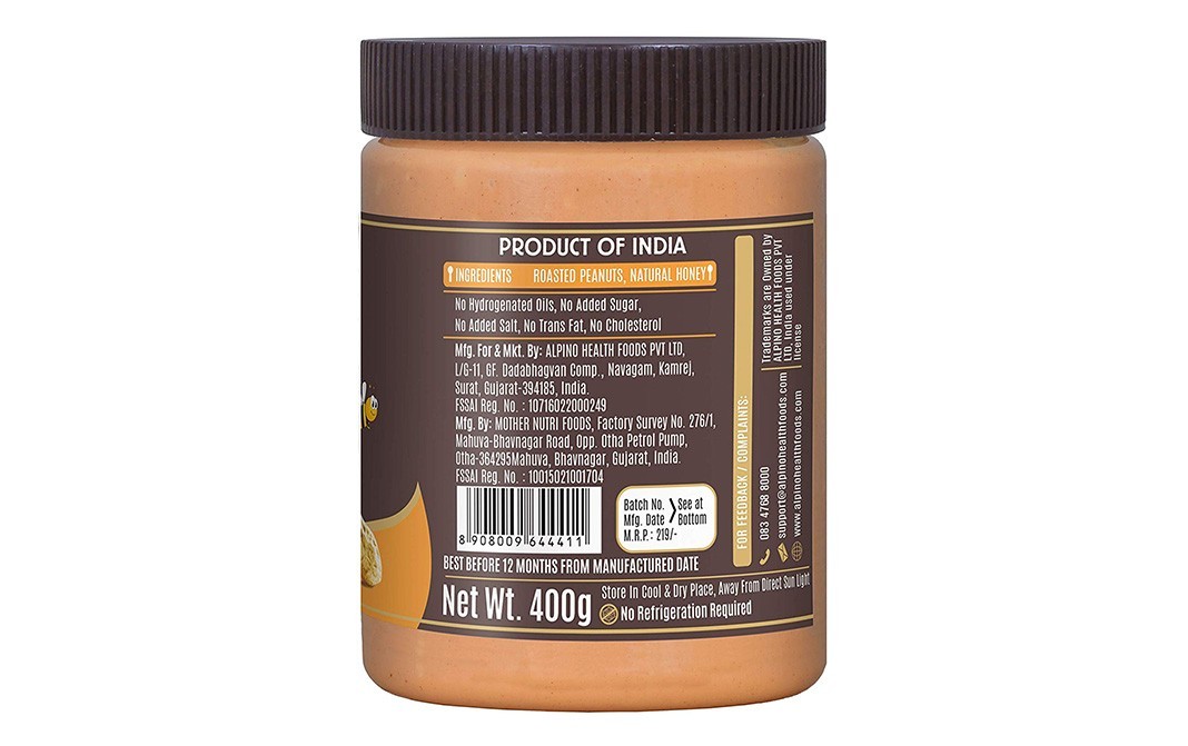 Alpino Honey Peanut Butter Natural Crunch   Plastic Jar  400 grams